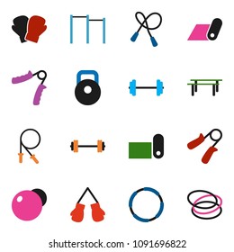 solid vector icon set - barbell vector, weight, jump rope, hand trainer, horizontal bar, fitball, boxing glove, fitness mat, hoop