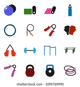 solid vector icon set - barbell vector, weight, jump rope, hand trainer, horizontal bar, punching bag, fitball, boxing glove, fitness mat, hoop