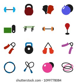 solid vector icon set - barbell vector, weight, jump rope, hand trainer, horizontal bar, punching bag, fit ball, boxing glove, fitness mat, hoop