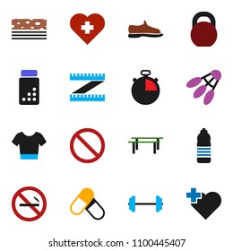 solid vector icon set - barbell vector, measuring, stopwatch, pills vial, weight, horizontal bar, snickers, t shirt, water bottle, breads, shuttlecock, prohibition sign, no smoking, heart cross