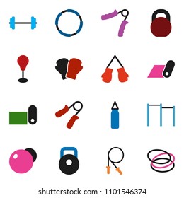 solid vector icon set - barbell vector, weight, jump rope, hand trainer, horizontal bar, punching bag, fitball, boxing glove, fitness mat, hoop