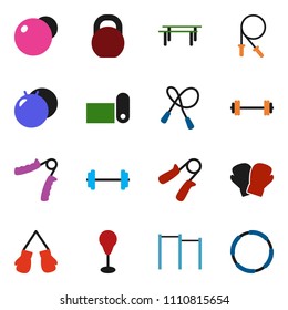 solid vector icon set - barbell vector, weight, jump rope, hand trainer, horizontal bar, punching bag, fit ball, boxing glove, fitness mat, hoop