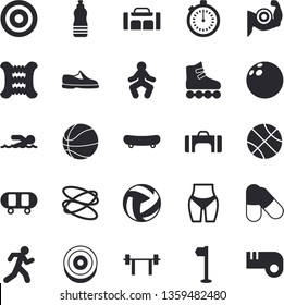 Solid vector icon set - barbell flat vector, sneakers, bowling ball, skateboard, basketball, volleyball, muscles, waistline, stopwatch, carpal expander, sports flag, roller Skates, target, pills