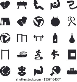 Solid vector icon set - barbell flat vector, volleyball, centimeter, muscles, skipping rope, parallel bars, sports equipment horse, pear, athletic shorts, tennis ball, fitball, boxing gloves, yoga