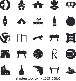 Solid vector icon set - barbell flat vector, skateboard, basketball, volleyball, skipping rope, carpal expander, parallel bars, sports equipment horse, pear, athletic shorts, tennis ball, fitball