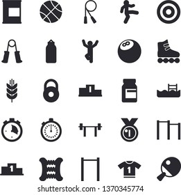 Solid vector icon set - barbell flat vector, weight, medal, pedestal, bowling ball, basketball, vitamins, stopwatch, skipping rope, carpal expander, parallel bars, sports pear, sport T shirt, target