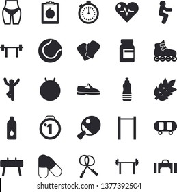 Solid vector icon set - barbell flat vector, medal, sneakers, skateboard, heartbeat, diet, waistline, vitamins, stopwatch, skipping rope, parallel bars, sports equipment horse, tennis ball, fitball