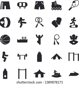 Solid vector icon set - barbell flat vector, skateboard, basketball, skipping rope, parallel bars, sports pear, athletic shorts, boxing gloves, roller Skates, yoga, Treadmill, gymnastics, squats