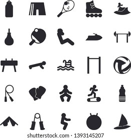 Solid vector icon set - barbell flat vector, volleyball, skipping rope, carpal expander, parallel bars, sports equipment horse, pear, athletic shorts, fitball, boxing gloves, roller Skates, squats