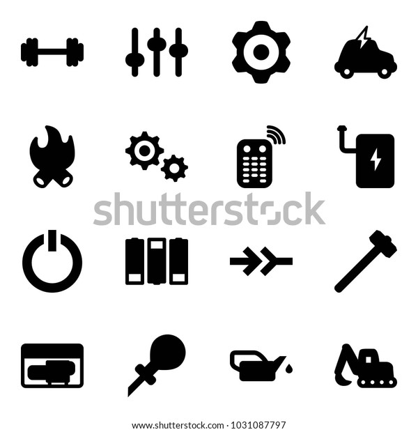 Solid\
vector icon set - barbell vector, settings, gear, electric car,\
fire, remote control, power bank, standby button, battery, connect,\
sledgehammer, generator, oiler, excavator\
toy