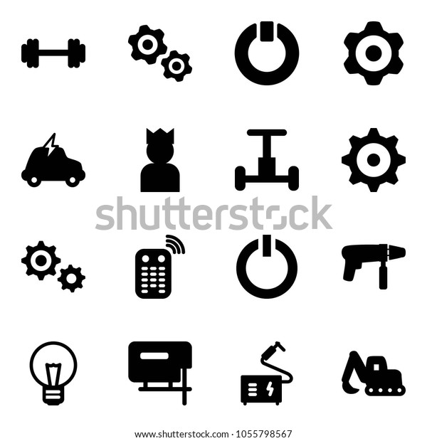 Solid vector icon set -\
barbell vector, gears, standby, gear, electric car, king,\
gyroscope, remote control, button, drill machine, bulb, jig saw,\
welding, excavator toy