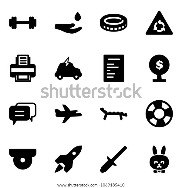 Solid vector icon set - barbell vector, drop hand,\
coin, round motion road sign, printer, electric car, document,\
money tree, dialog, plane, lounger, lifebuoy, surveillance camera,\
rocket, clinch