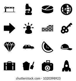 Solid vector icon set - barrier vector, lab, pill, globe, right arrow, idea, brick wall, key, diamond, limousine, watermelone, cap, suitcase, bucket scoop, camera, rocket