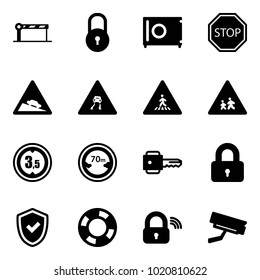 Solid vector icon set - barrier vector, lock, safe, stop road sign, steep descent, slippery, pedestrian, children, limited height, distance, key, locked, shield check, lifebuoy, wireless