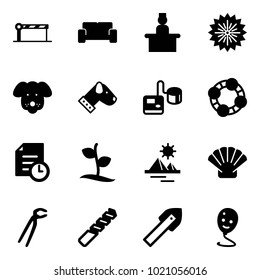 Solid vector icon set - barrier vector, vip waiting area, recieptionist, firework, dog, tonometer, friends, history, sproute, pyramid, shell, plumber, drill, tile, balloon smile