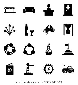 Solid vector icon set - barrier vector, vip waiting area, recieptionist, first aid room, firework, wine, dog, pull ups, friends, community, round flask, pyramid flag, passport, lighthouse, sun power