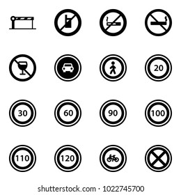 Solid vector icon set - barrier vector, no mobile sign, smoking, alcohol, car road, pedestrian, speed limit 20, 30, 60, 90, 100, 110, 120, bike, stop