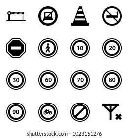 Solid vector icon set - barrier vector, no computer sign, road cone, smoking, way, pedestrian, speed limit 10, 20, 30, 60, 70, 80, 90, bike, parking, signal