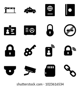 Solid vector icon set - barrier vector, safety car, passport, identity, safe, lock, end overtake limit road sign, locked, key, card, wireless, surveillance camera, micro flash, link