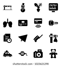 Solid vector icon set - barrier vector, snowman, holly, diagnostic monitor, lungs, credit card, tap pay, key, history, paper fly, suitcase, ship bell, car baggage, jack, camera, bear toy