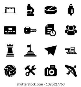 Solid vector icon set - barrier vector, lab, pill, drop counter, credit card, key, history, group, chess tower, pyramid flag, paper fly, pool, volleyball, wrench hammer, camera, bow