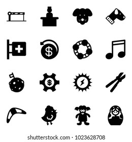 Solid vector icon set - barrier vector, recieptionist, dog, first aid room, money back, friends, music, moon flag, managemet, sun power, bolt cutter, boomerang, chicken toy, doll, russian
