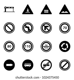 Solid vector icon set - barrier vector, pedestrian road sign, railway intersection, rough, prohibition, no left turn, speed limit 70, 80, 110, tax peage, circle, only right, bus, end overtake