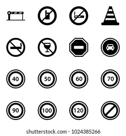Solid vector icon set - barrier vector, no mobile sign, smoking, road cone, alcohol, way, car, speed limit 40, 50, 60, 70, 90, 100, 120, parking