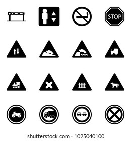Solid vector icon set - barrier vector, elevator, no smoking sign, stop road, oncoming traffic, steep descent, embankment, tractor way, railway intersection, cow, moto, truck, overtake