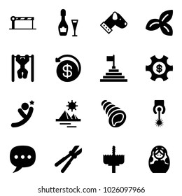 Solid vector icon set - barrier vector, wine, dog, three leafs, pull ups, money back, pyramid flag, managemet, flying man, shell, laser, chat, bolt cutter, crown drill, russian doll