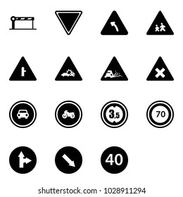 Solid vector icon set - barrier vector, giving way road sign, turn left, children, intersection, car crash, gravel, railway, no, moto, limited height, speed limit 70, only forward right, detour