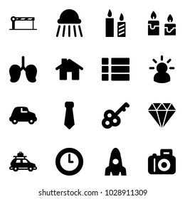 Solid vector icon set - barrier vector, shower, candle, lungs, home, menu, idea, car, tie, key, diamond, baggage, clock, rocket, camera
