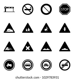 Solid vector icon set - barrier vector, no smoking sign, prohibition road, stop, climb, children, wild animals, intersection, gravel, railway, rough, artificial unevenness, moto, bus, bike