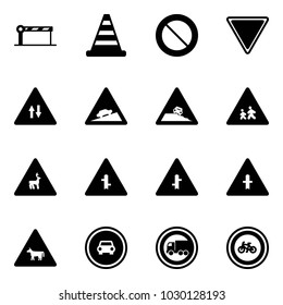 Solid vector icon set - barrier vector, road cone, prohibition sign, giving way, oncoming traffic, climb, steep roadside, children, wild animals, intersection, cow, no car, truck, bike