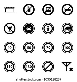 Solid vector icon set - barrier vector, no mobile sign, computer, smoking, alcohol, car road, pedestrian, truck, speed limit 40, 50, 70, 100, 110, 130, parking, signal