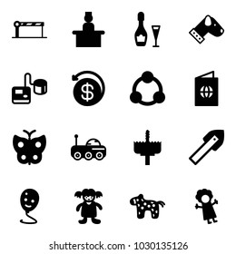 Solid vector icon set - barrier vector, recieptionist, wine, dog, tonometer, money back, social, passport, butterfly, moon rover, crown drill, tile, balloon smile, doll, toy horse