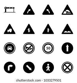 Solid vector icon set - barrier vector, turn right road sign, left, embankment, tractor way, intersection, rough, no car, horn, speed limit 50, only forward, detour, pedestrian, stop