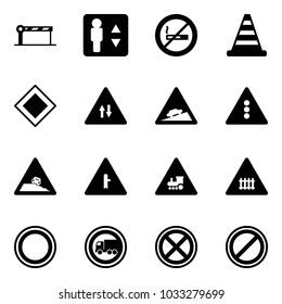 Solid vector icon set - barrier vector, elevator, no smoking sign, road cone, main, oncoming traffic, climb, light, steep roadside, intersection, railway, prohibition, truck, stop, parking