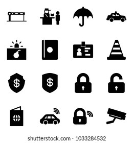 Solid vector icon set - barrier vector, passport control, insurance, safety car, terrorism, identity, road cone, safe, locked, unlocked, wireless, lock, surveillance camera