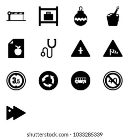 Solid vector icon set - barrier vector, baggage room, christmas ball, champagne, diet list, stethoscope, intersection road sign, side wind, limited height, circle, bus, end minimal speed limit