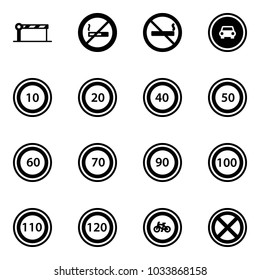 Solid vector icon set - barrier vector, no smoking sign, car road, speed limit 10, 20, 40, 50, 60, 70, 90, 100, 110, 120, bike, stop