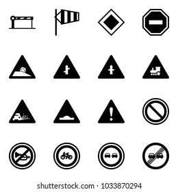 Solid vector icon set - barrier vector, side wind, main road sign, no way, steep roadside, intersection, railway, gravel, artificial unevenness, attention, prohibition, horn, bike, overtake