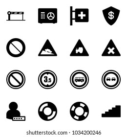 Solid vector icon set - barrier vector, safe, first aid room, prohibition road sign, steep descent, tractor way, railway intersection, limited height, no bus, overtake, user password, lifebuoy
