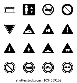 Solid vector icon set - barrier vector, elevator, no smoking sign, prohibition road, giving way, steep descent, tractor, traffic light, intersection, artificial unevenness, cow, bus, bike, overtake