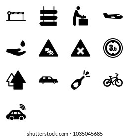 Solid vector icon set - barrier vector, sign post, baby room, small plane, drop hand, multi lane traffic road, railway intersection, limited height, arrow up, limousine, fizz opening, bike