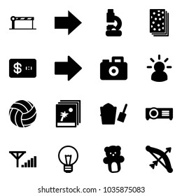 Solid vector icon set - barrier vector, right arrow, lab, breads, credit card, camera, idea, volleyball, photo, bucket scoop, projector, fine signal, bulb, bear toy, bow