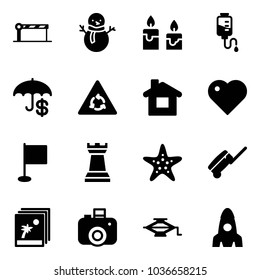 Solid vector icon set - barrier vector, snowman, candle, drop counter, insurance, round motion road sign, home, heart, flag, chess tower, starfish, suitcase, photo, camera, jack, rocket