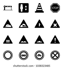 Solid vector icon set - barrier vector, elevator, road cone, stop sign, climb, embankment, intersection, railway, rough, artificial unevenness, attention, prohibition, no bus, bike