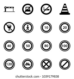 Solid vector icon set - barrier vector, no computer sign, smoking, road cone, alcohol, pedestrian, speed limit 10, 20, 40, 50, 80, 100, 120, bike, stop, parking