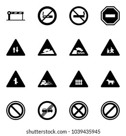 Solid vector icon set - barrier vector, no smoking sign, way road, oncoming traffic, climb, embankment, children, intersection, gravel, railway, cow, prohibition, end overtake limit, stop, parking